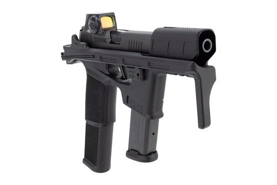 Optic-equipped 9mm pistol with brace.